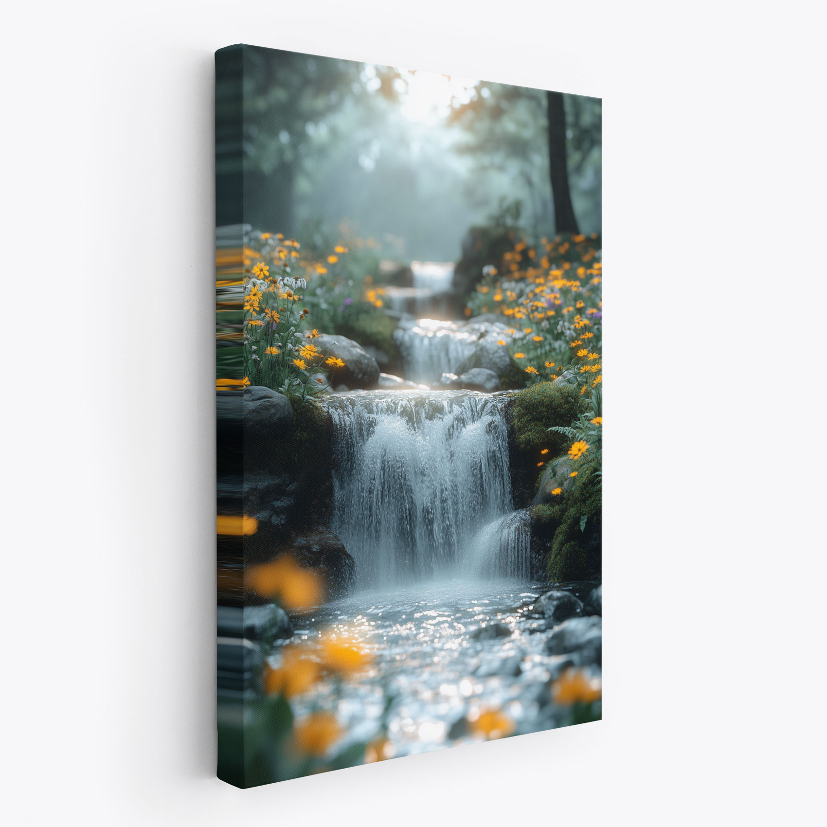 Rustige waterval in bloementuin