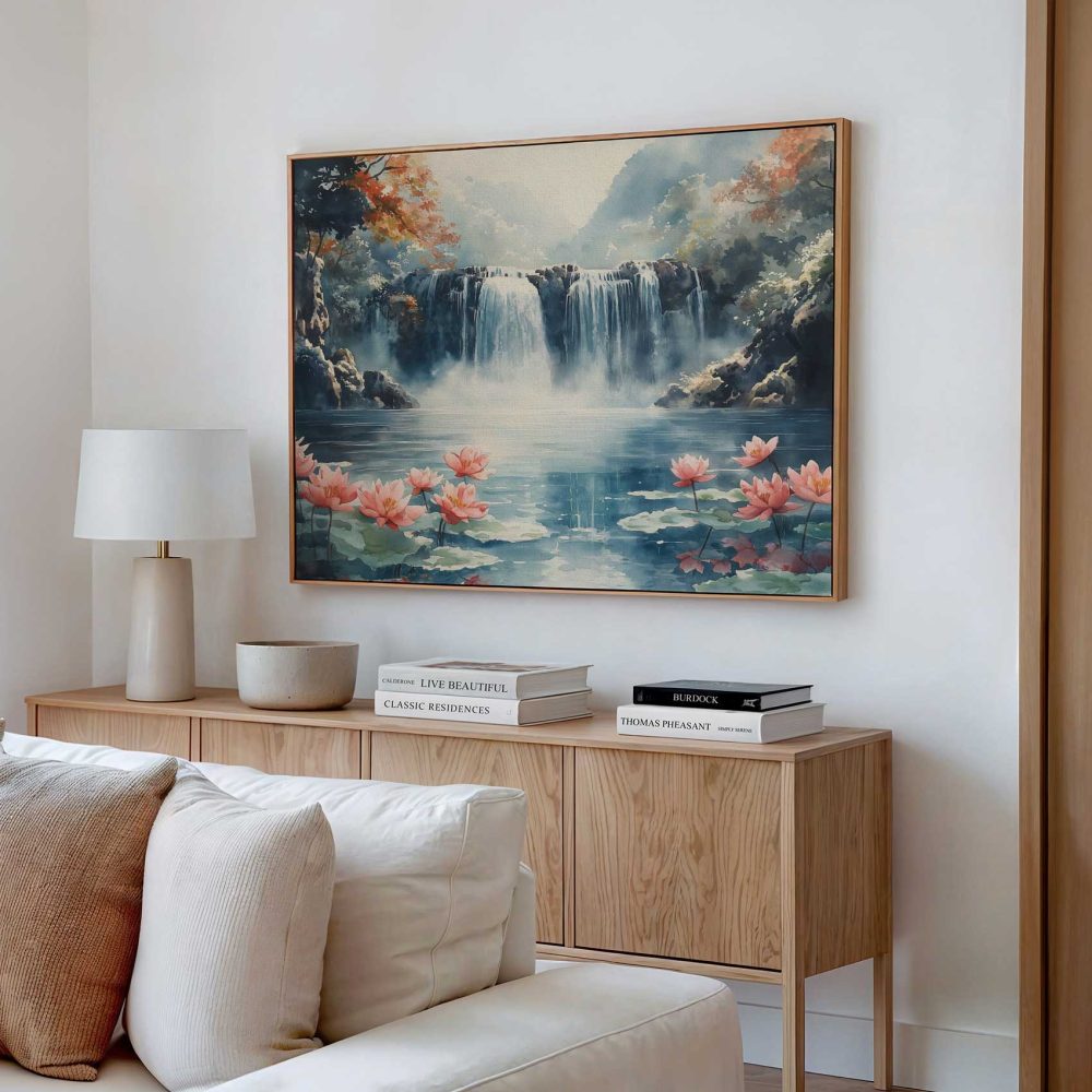 Alternative view of Betoverend waterval waterverfschilderij