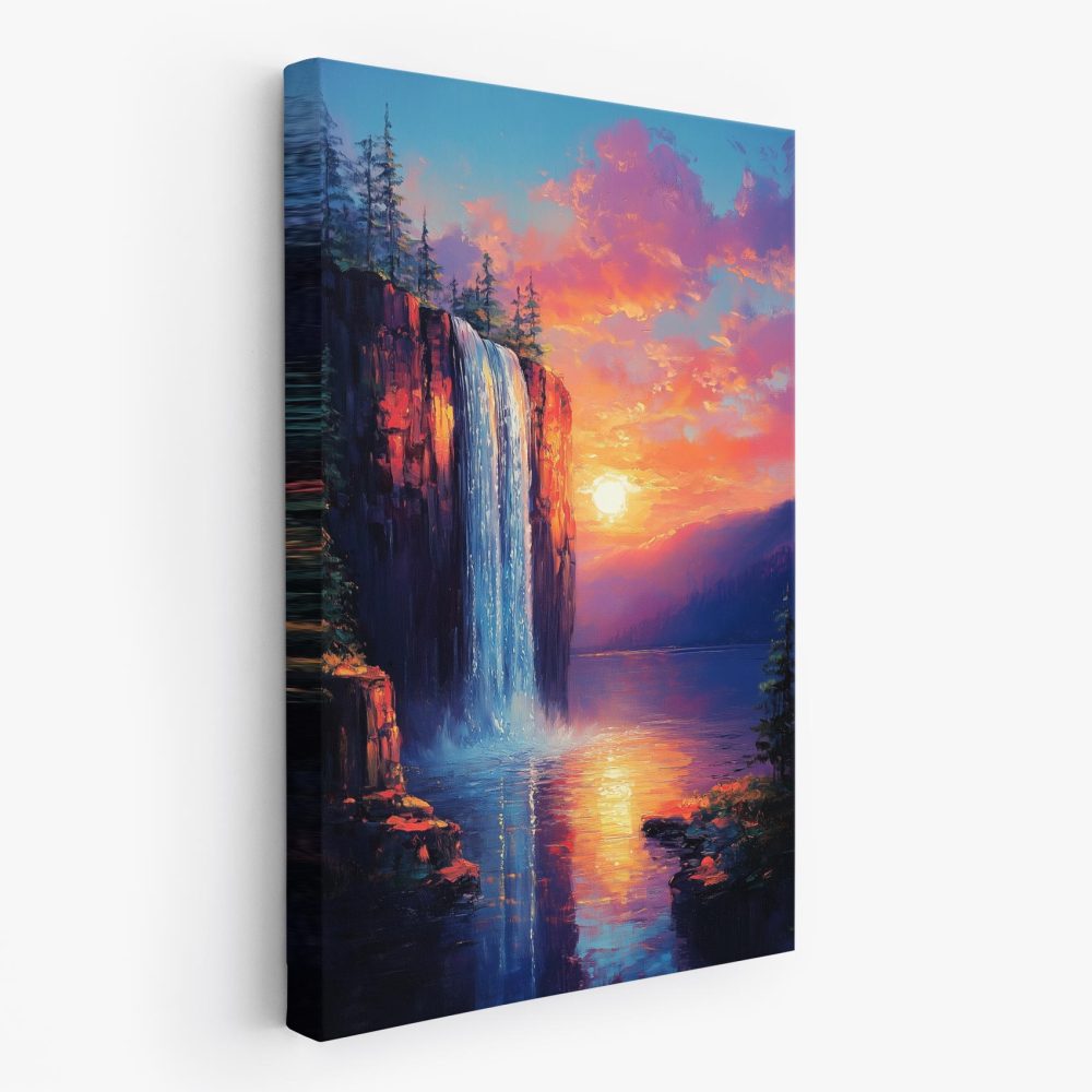 Betoverend waterval zonsondergang schilderij