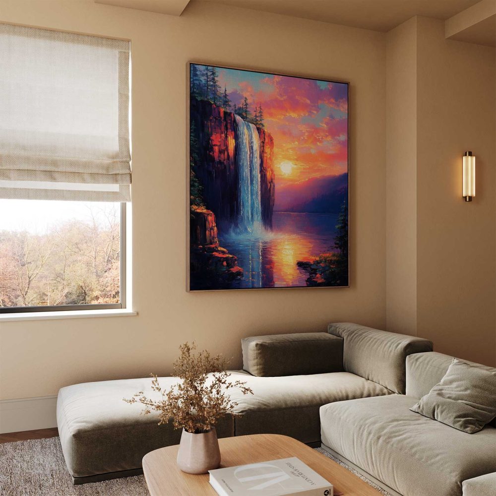 Alternative view of Betoverend waterval zonsondergang schilderij