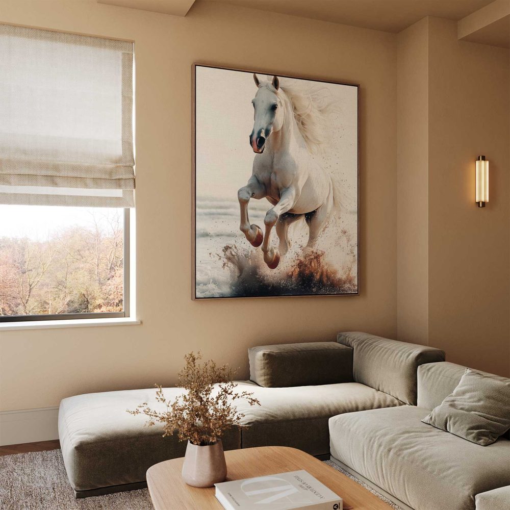 Alternative view of Majestueus wit paard strandgalop