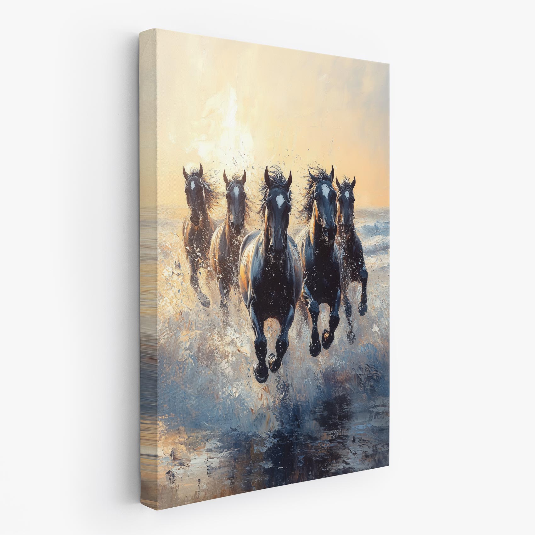 Vijf galopperende paarden in water