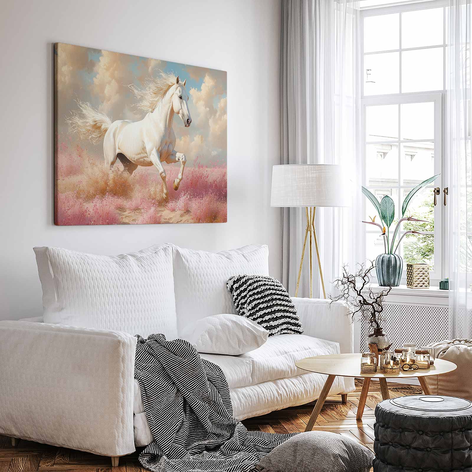 Wit paard in roze bloemen - Afbeelding 3