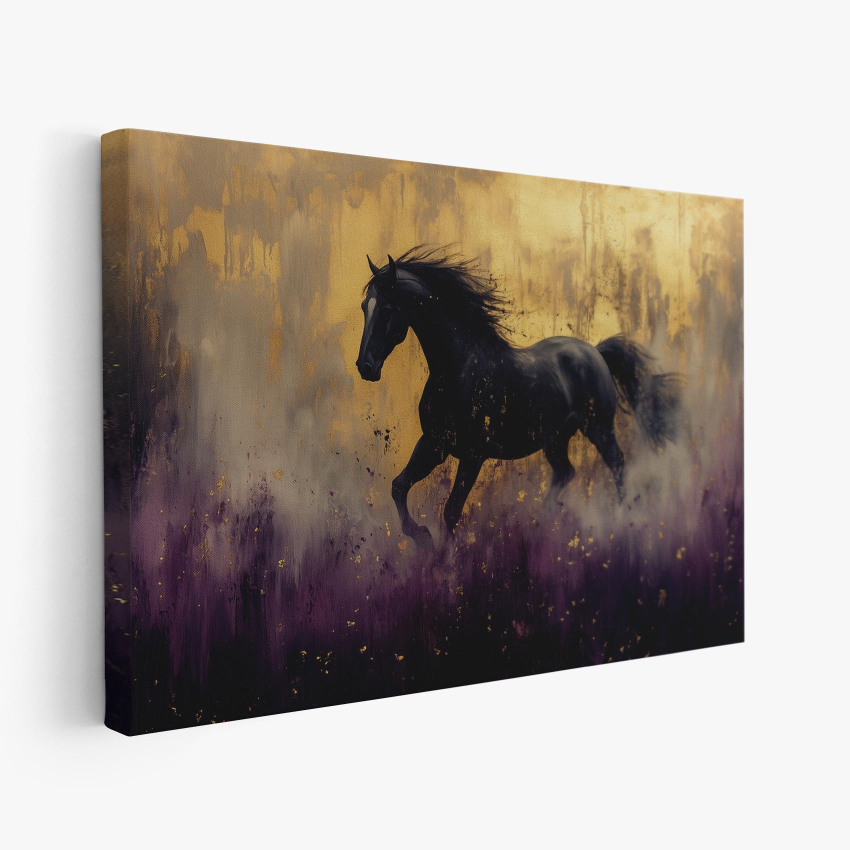Zwart paard in paarse bloemen
