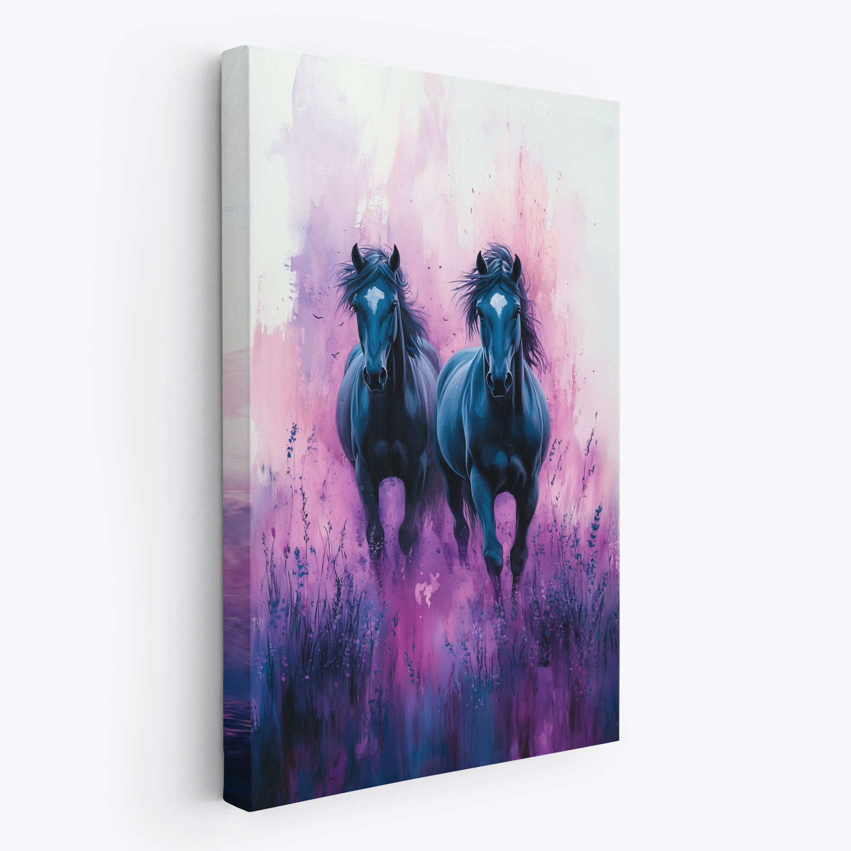 Paarden in paarse bloemenveld