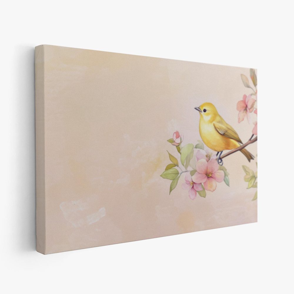 Gele vogel tussen roze bloemen