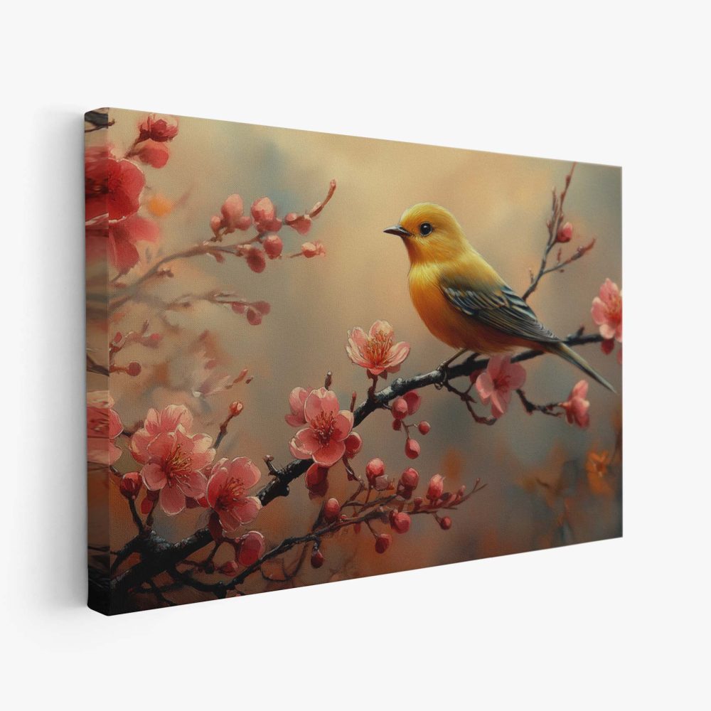 Gele vogel tussen roze bloesem