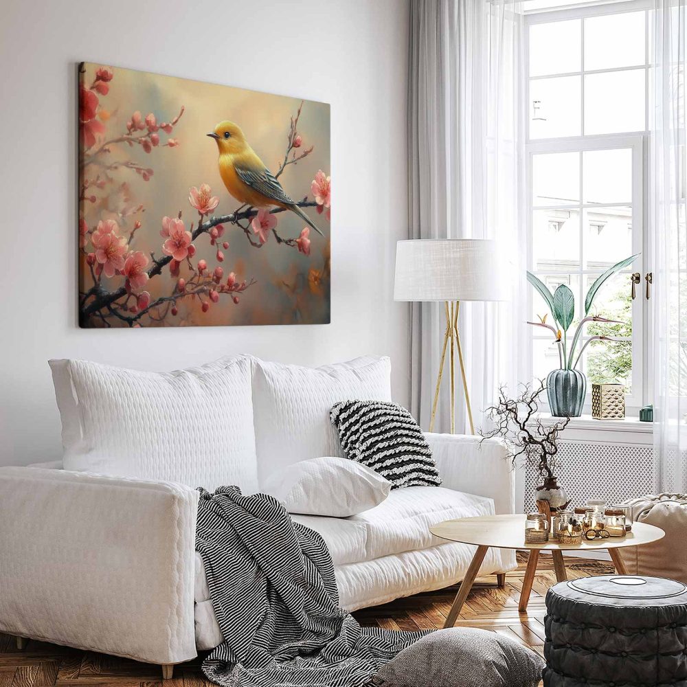 Alternative view of Gele vogel tussen roze bloesem