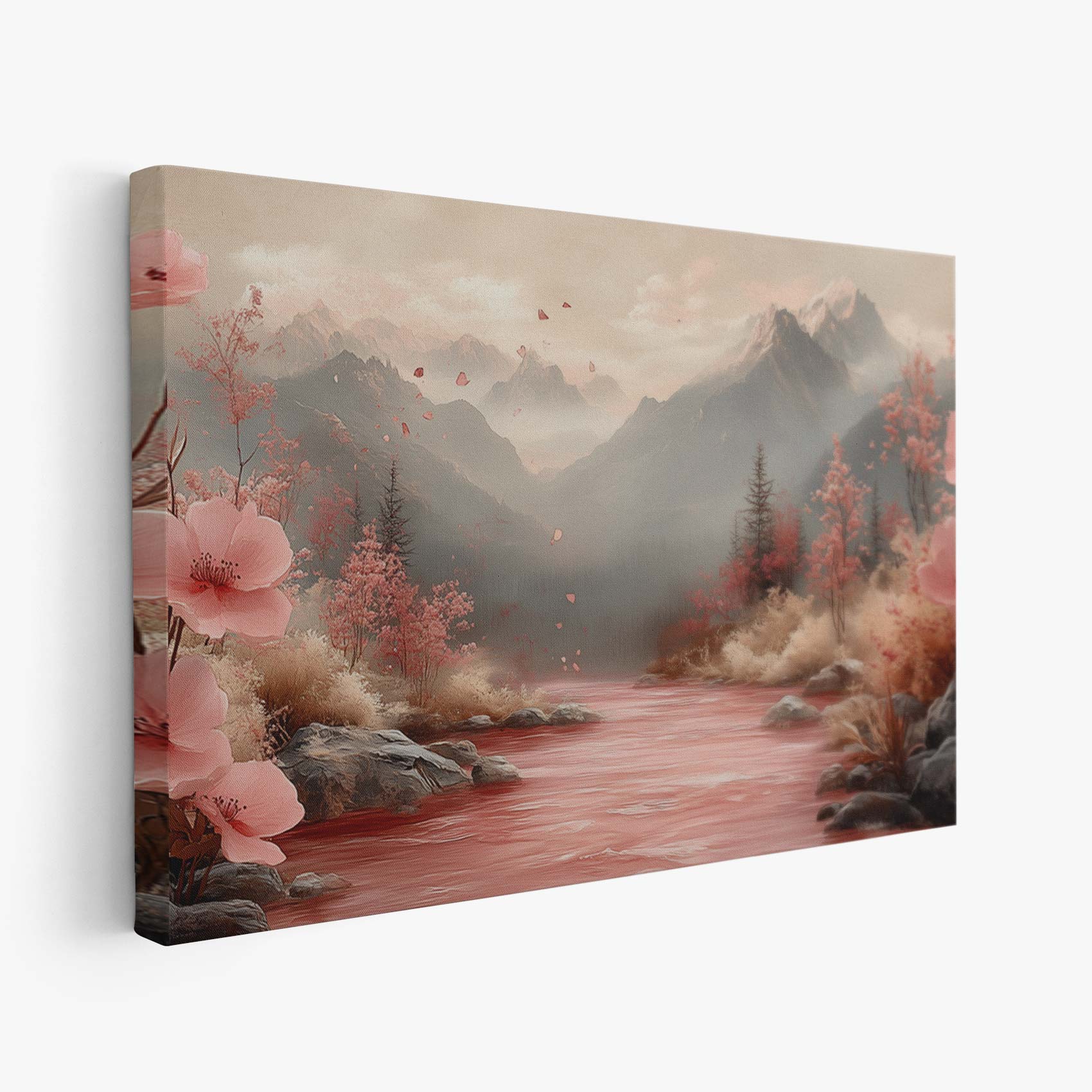 Rivier tussen roze bergbloemen